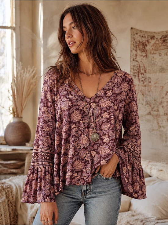 Lucky Brand Tops - Lucky Brand Floral Bell Sleeve Top Large Boho Paisley Peplum Cotton Modal Purple